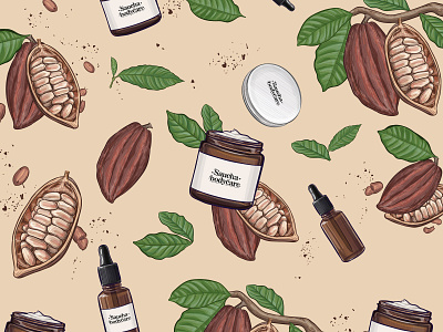 Illustrations for branding of organic skincare product body butter bottle cocoa bean cosmetic cream illustration jar leaves lotion organic package packaging design pattern skincare