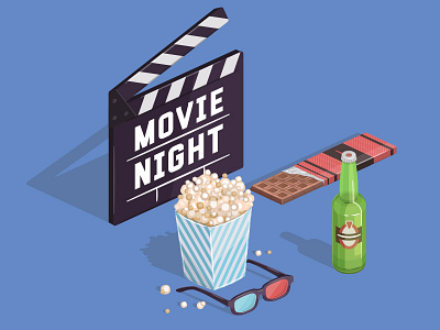 Movie Night 3 dimension beer box chocolate cinema clapperboard film popcorn ticket