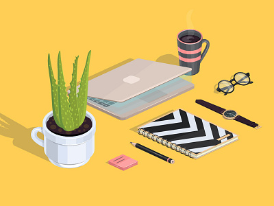 Workspace coffee designer glasses isometric macbook office pencil plant sketch table watch work place