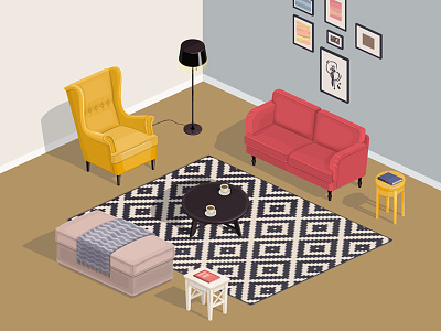 Room Interior with IKEA Furniture armchair bright carpet classic cozy isometric living sitting sofa
