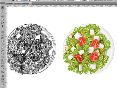 Vector FoodPorn. Work in progress delicious dish foodporn handdrawn outline top vector view watercolor