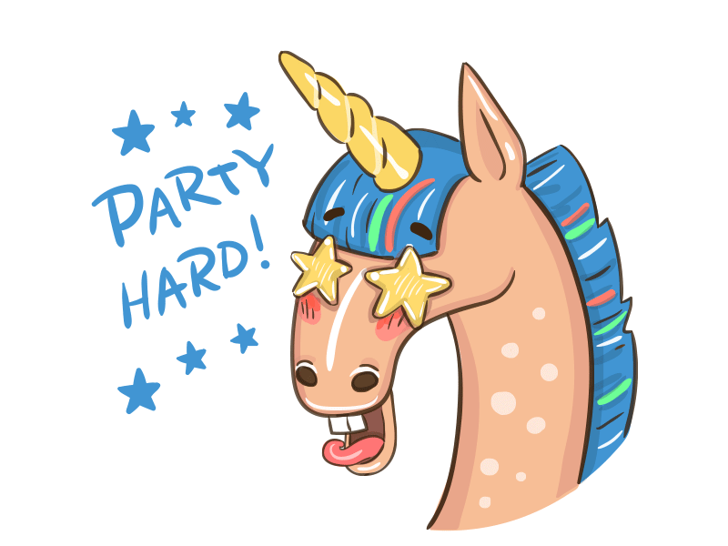 Unicorn is having a party. Animated sticker. crazy emoji emotions hard messenger party smile stars sticker ui unicorn ux