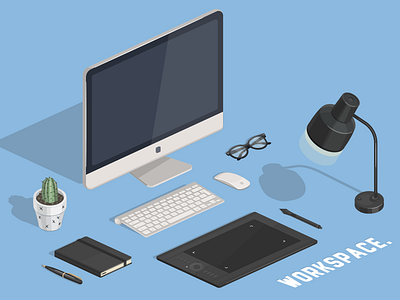 Designers Workspace. One more isometric illustration. apple icon imac keyboard lamp laptop macbook mouse plant tablet wacom