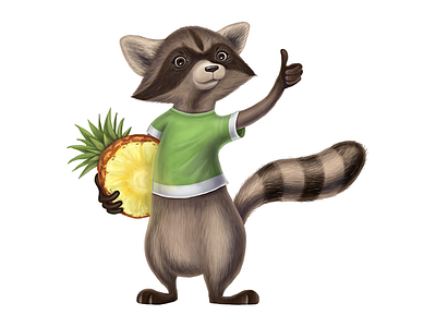 Racoon. Illustration for packaging design animal apple character coffee food fruit game granola healthyfood mascot nature packagingdesign pineapple raccoon snack sport vegan