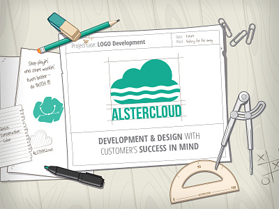 AlsterCloud.rs Welcome Screen Illustration cloud desk divider eraser marker paperclip pencil protactor tac tic toe vector