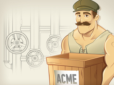 Worker Character Design acme box character hat illustration mustache pipe valve vector worker