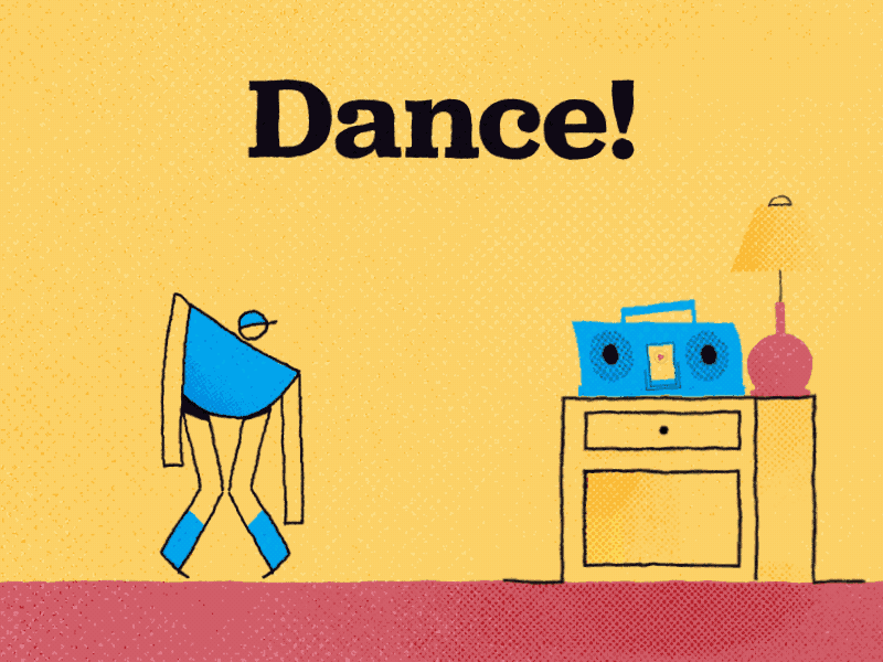Dance! 2d animation boombox cel character animation character design dance dancing exercise kinetic text motion graphics type walk cycle