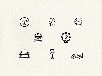 Pitt Pen Icons baseball burger clock ferris wheel handdrawn icon illustration pet pitt pen taxi van wine