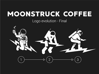 Moonstruck Logo Evolution - Final astronaut branding character coffee shop illustration lightning logo mascot space surf surfing vector