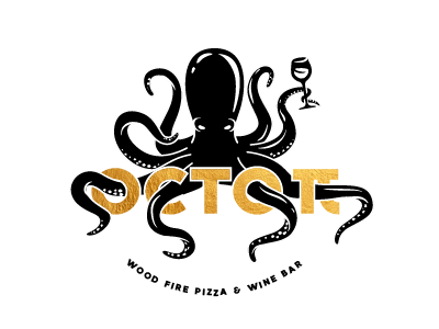 Octopus black character deign logo mascot octopus pizza white wine winery