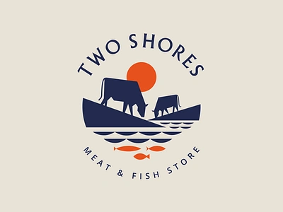 Two Shores Logo animal branding character cow design fish fishes illustration logo mark mascot sun symbol vector village