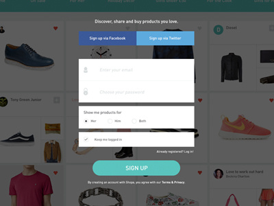 Sign up UI - Modal design e commerce form mobile product shopa shopping sign up social network startup ui ux