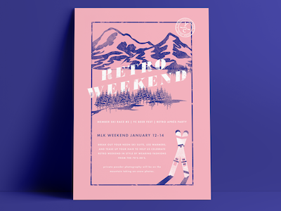 Retro Weekend mountains pink and blue poster promotional retro weekend ski skis snowboard