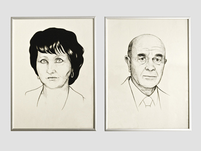 Portraits of aunt and grandpa black and white classic illustration magenta potrait