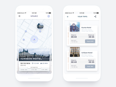 Sparc App Screens 2 app clean design discover hotel location map minimal planner reservation trip ui ux white