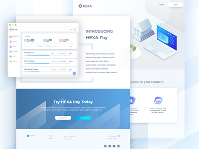 Hexa Pay Landing Page Website blue clean corporate dashboard ui finance invoice landing page minimal modern pay payment ui website