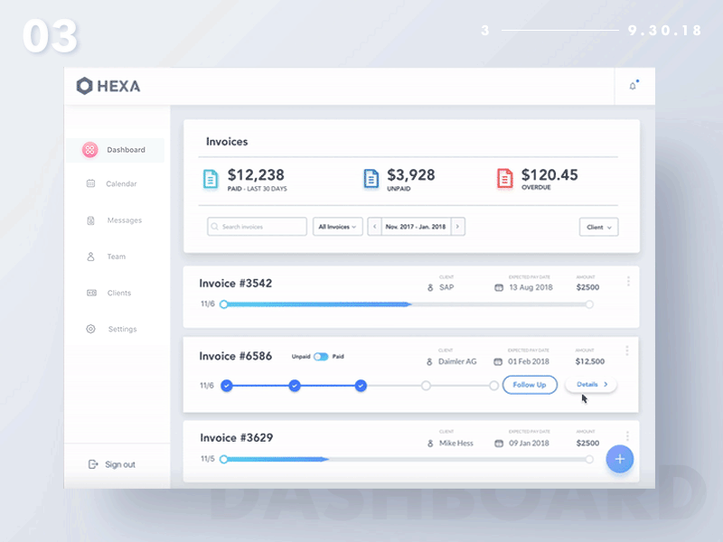 Hexa Pay Dashboard Demo 3 animation dashboard dashboard design design email invoice management minimal modern motion payment progress progress bar tracking ui uiux ux