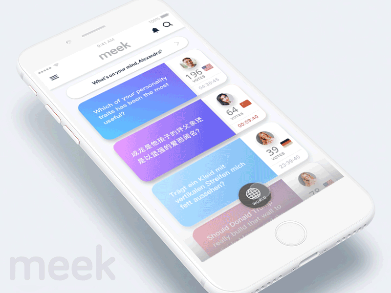 Meek App Demo 1 animation app button button animation card community design discover explore global home page illustration interaction interaction design motion social app trending ui ux