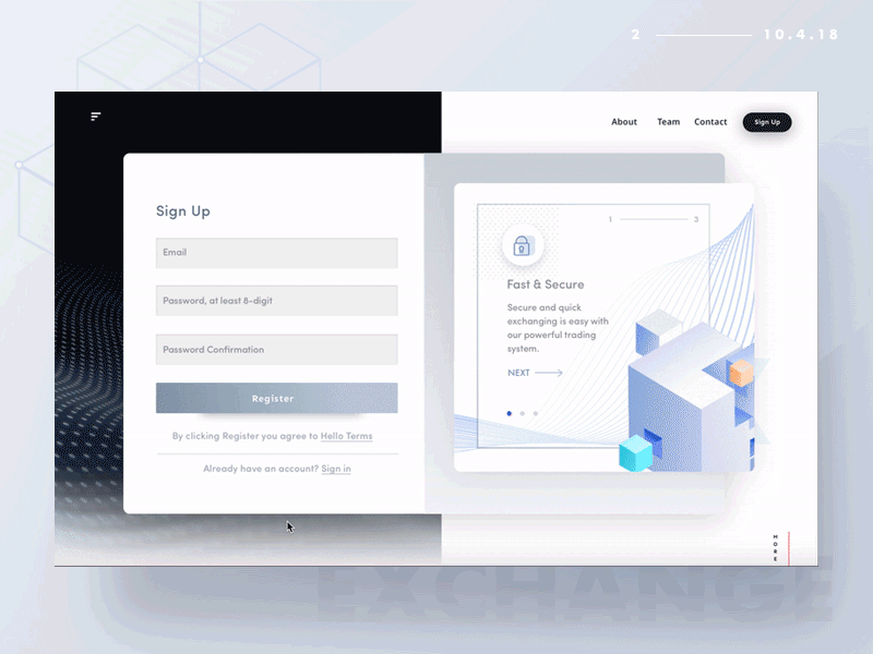 Hello Exchange Web Demo 2 animation blockchain business crypto design exchange gif illustration interaction interface modern motion sign up ui user flow ux web website