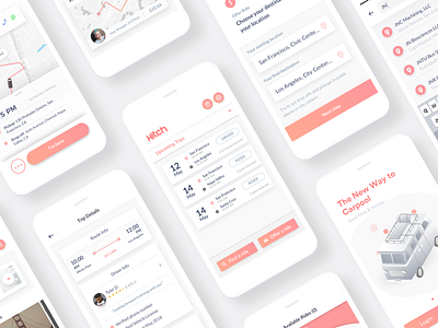 Hitch App Screens app design light map minimal mobile on demand rideshare travel ui ux