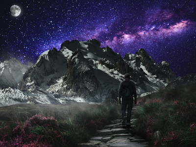 Path to the mountains design graphic design landscape mountain path mountaineer mountains night sky starry sky