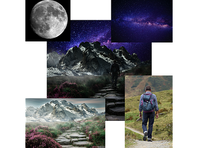 Path to the mountains collage composite design graphic design landscape mountain path mountaineer night sky space walker