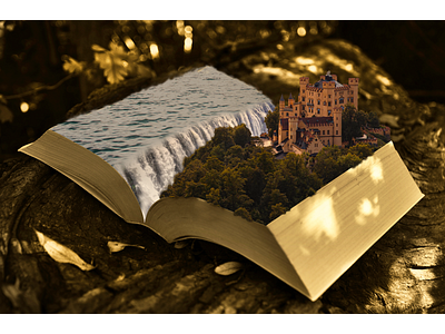 castle story pop-up book castle composite design fantasy forest graphic design pop up story trees water waterfall