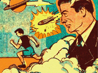 RUN! 1950s 50s cloud collage comic comics digital collage halftone midcentury retro run saturn scifi space superhero vintage