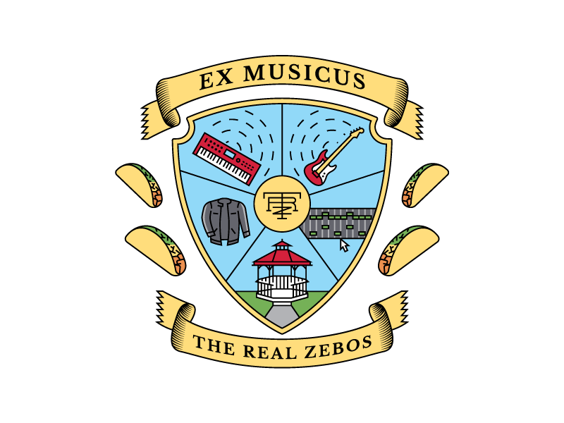 The Real Zebos - Ex Musicus jacket piano keyboard guitar tacos band music ribbon ex musicus monogram logo crest seal