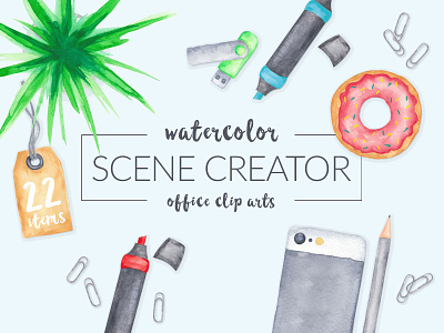 Watercolor Scene Creator blog clip art creator generator hand painted header office pastel pre made scene top view watercolor