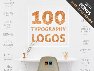 100 Typo Logos + 100 Logo Frames badges brand font graphic graphic design label logo overlay typography