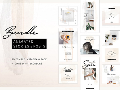 -60% BUNDLE: Animated Posts & Stories animated animation clean female instagram instagram post minimalist premade story template video watercolor watercolour