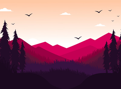 Red mountain with flying birds and trees landscape background animation design graphic design illustration logo ui vector