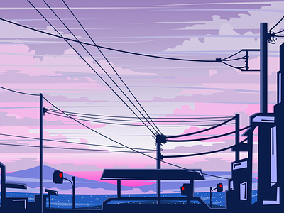 Japanesse anime purple view landscape Premium Vector animation design graphic design illustration vector