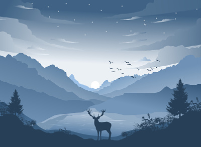 Mountain landscape with deer and river illustration flat design animation branding design graphic design illustration vector