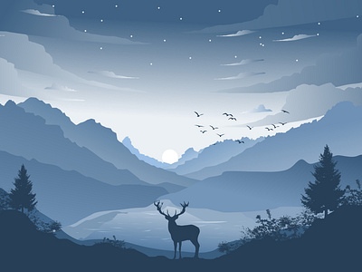 Mountain landscape with deer and river illustration flat design animation branding design graphic design illustration vector