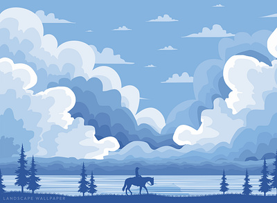 Group of cumulus clouds on the horizon and horse with human animation branding design graphic design illustration vector