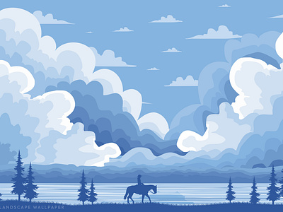 Group of cumulus clouds on the horizon and horse with human animation branding design graphic design illustration vector