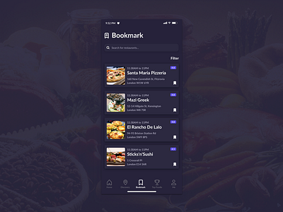 Bookmark Screen | Food App colombia design food greek italian london mobile pizza sushi ui ux