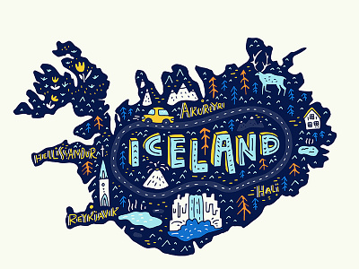 Cartoon map of Iceland cartoon hand drawn iceland map