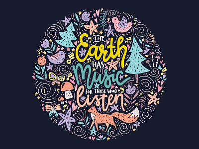 Music of Earth animals card cartoon concept doodle earth hand drawn illustration lettering music typography