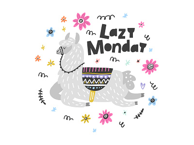 Lazy Monday animal character childish cute drawing illustration lama lettering nursery vector