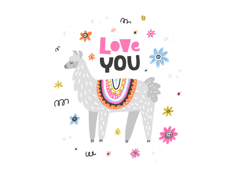 Lama Love vector drawing animal childish nursery cute lettering character illustration lama