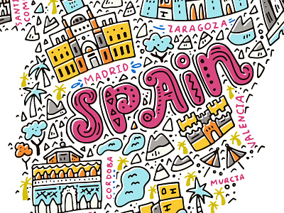 Map of Spain cartoon drawing illustration landmark lettering map maps spain typography vector