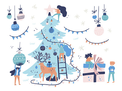 Christmas Tree character christmas drawing flat giant hand drawn illustration little new year people small woman