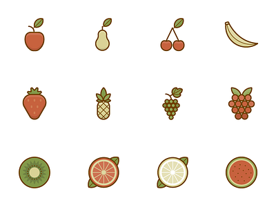 Fruit icon set apple banana cherry fruit grape kiwi lemon orange pear pineapple raspberry strawberry