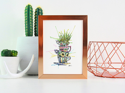 Tea Cup Illustration cactus cup of joe illustration succulent tea cups watercolor