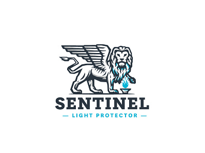 Guardian Lion with Wings logo animal branding classic fire flame flying guardian illustration light lion lions logo mark meaningful negative space protect sentinel symbolic vector wings