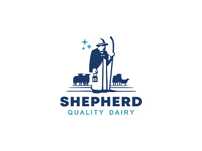 Shepherd and sheep logo animal branding cheese classic dairy illustration logo mark meat minimal minimalism negative space sheep shepherd simple staff stars