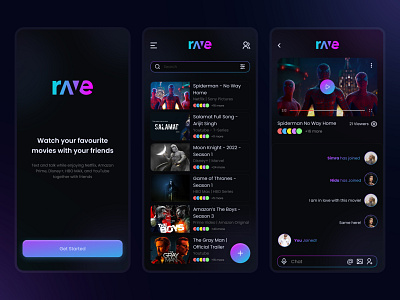 Rave App Redesign - Stream Movies And TV Shows app app design appdesign dark app dark mode mobile mobile app movies app netflix party party app rave app rave app redesign stream movies streaming app tv shows ui design uiux ux design uxd youtube party